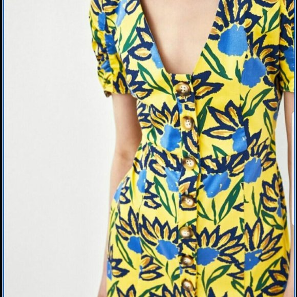 ZARA TRF Yellow and Blue Floral Mini Dress - Picture 2 of 6